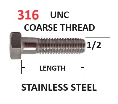 1/2 UNC Hex Head Bolts Stainless Steel Marine Grade 316 A4-70  Select Length